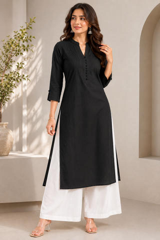Mahima Black Pintuck Straight Kurta with White Palazzo Set
