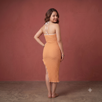 Vashtro Women Asymmetric High-Slit Waffle Knit Midi Dress