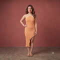 Vashtro Women Asymmetric High-Slit Waffle Knit Midi Dress