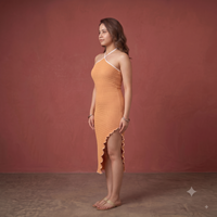 Vashtro Women Asymmetric High-Slit Waffle Knit Midi Dress