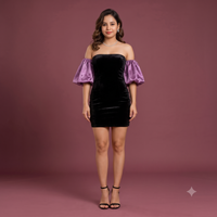 Vashtro Women Black Crushed Velvet Strapless Mini Dress