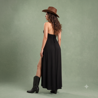 Vashtro Women Black Halter Neck Maxi Dress with Ruched V-Neck