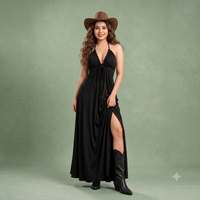 Vashtro Women Black Halter Neck Maxi Dress with Ruched V-Neck