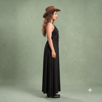 Vashtro Women Black Halter Neck Maxi Dress with Ruched V-Neck