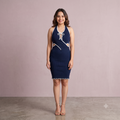 Vashtro Women Blue Knitted Neck Tie Up Dress