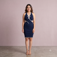 Vashtro Women Blue Knitted Neck Tie Up Dress