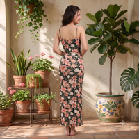 Vashtro Women Dark Green Lily and Rose Print Bodycon Maxi Dress