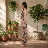 Vashtro Women Dark Green Lily and Rose Print Bodycon Maxi Dress
