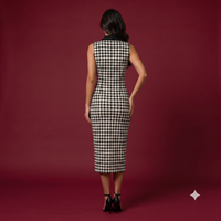 Vashtro Women Elegant Black and White Checkered Calf Length Dress