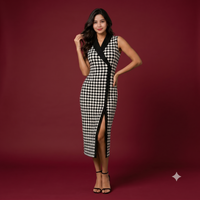 Vashtro Women Elegant Black and White Checkered Calf Length Dress