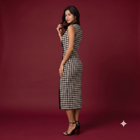 Vashtro Women Elegant Black and White Checkered Calf Length Dress