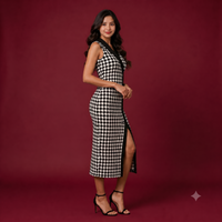 Vashtro Women Elegant Black and White Checkered Calf Length Dress