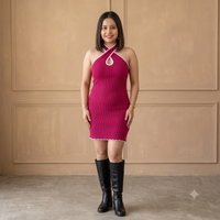 Vashtro Women Elegant Keyhole Neck Fuchsia Pink Dress