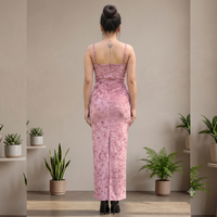 Vashtro Women Exquisite Pink Velvet Back Slit Dress