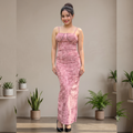 Vashtro Women Exquisite Pink Velvet Back Slit Dress