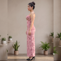 Vashtro Women Exquisite Pink Velvet Back Slit Dress