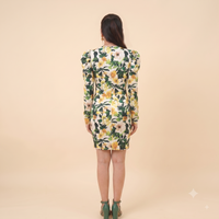 Vashtro Women Green and Yellow Floral Puff-Sleeve Mini Dress