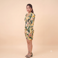 Vashtro Women Green and Yellow Floral Puff-Sleeve Mini Dress