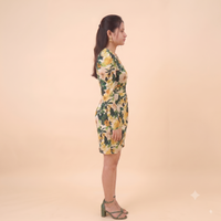 Vashtro Women Green and Yellow Floral Puff-Sleeve Mini Dress
