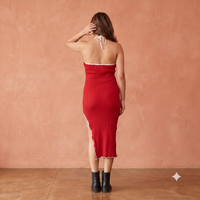 Vashtro Women Red Knitted Neck Tie Up Dress