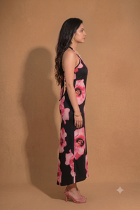 Vashtro Women Retro Pink Hibiscus Floral Halter Maxi Dress