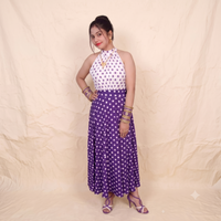 Vashtro Women Retro Purple Polka Dot High-Neck Halter Dress