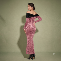 Vashtro Women Rose Gold Velvet Off-Shoulder Maxi Dress