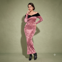 Vashtro Women Rose Gold Velvet Off-Shoulder Maxi Dress
