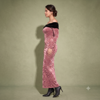 Vashtro Women Rose Gold Velvet Off-Shoulder Maxi Dress
