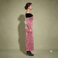 Vashtro Women Rose Gold Velvet Off-Shoulder Maxi Dress