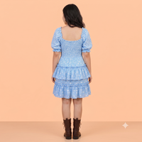 Vashtro Women Sky Blue Retro Polka Dot Milkmaid Tiered Dress