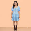 Vashtro Women Sky Blue Retro Polka Dot Milkmaid Tiered Dress