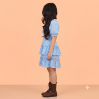 Vashtro Women Sky Blue Retro Polka Dot Milkmaid Tiered Dress