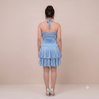 Vashtro Women Sky Blue Ruched Halter Mini Dress with Cascading Ruffles