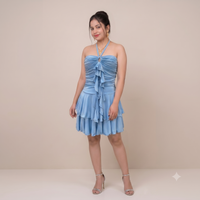 Vashtro Women Sky Blue Ruched Halter Mini Dress with Cascading Ruffles