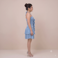 Vashtro Women Sky Blue Ruched Halter Mini Dress with Cascading Ruffles