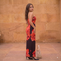 Vashtro Women Stunning Black and Red Floral Printed Dress