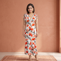 Vashtro Women Tropical Orange Lily Printed Mermaid Maxi Dress