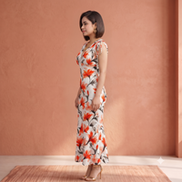Vashtro Women Tropical Orange Lily Printed Mermaid Maxi Dress