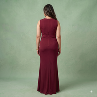 Vashtro Women Wine Red Plunging V-Neck Tulip Maxi Dress