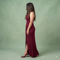 Vashtro Women Wine Red Plunging V-Neck Tulip Maxi Dress