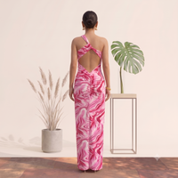 Vashtro Women’s Pink Abstract Swirl One-Shoulder Maxi Dress