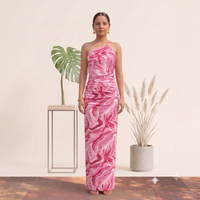 Vashtro Women’s Pink Abstract Swirl One-Shoulder Maxi Dress