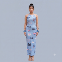 Vashtro Women's Sleeveless Halter Neck Printed Bodycon Maxi Dress