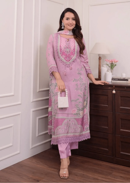 Lilac Muslin Digital Print Hand-Embroidered Pakistani Suit Set-0